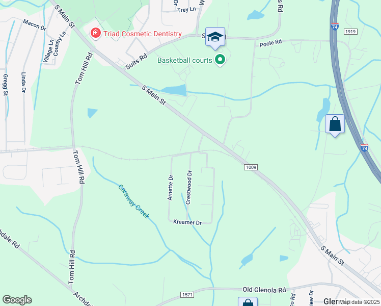 map of restaurants, bars, coffee shops, grocery stores, and more near Crestwood Drive in Archdale