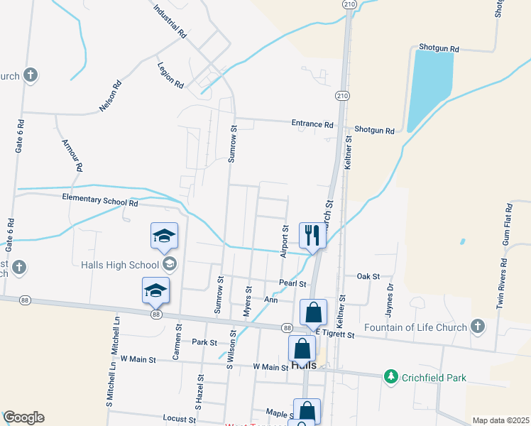 map of restaurants, bars, coffee shops, grocery stores, and more near 309 Larson Street in Halls