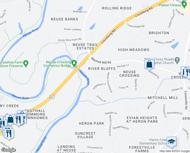 map of restaurants, bars, coffee shops, grocery stores, and more near 3324 Forest Mill Circle in Raleigh