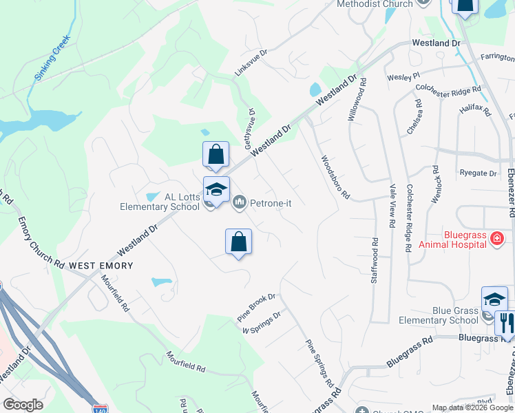 map of restaurants, bars, coffee shops, grocery stores, and more near 1164 Andalusian Way in Knoxville