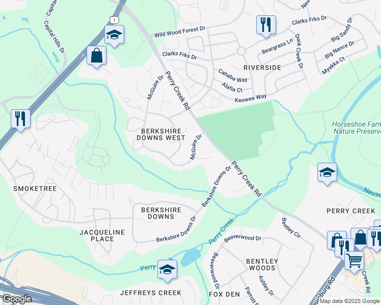 map of restaurants, bars, coffee shops, grocery stores, and more near 7932 McGuire Drive in Raleigh