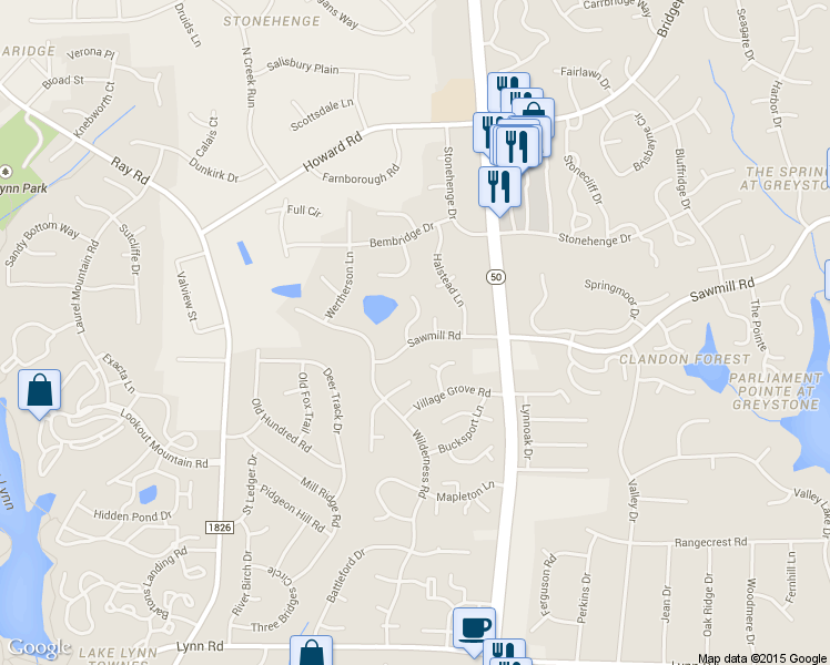 map of restaurants, bars, coffee shops, grocery stores, and more near 7600 Trowbridge Court in Raleigh