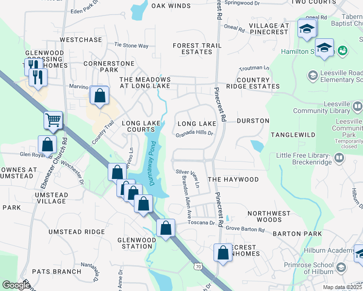 map of restaurants, bars, coffee shops, grocery stores, and more near 7525 Silver View Ln in Raleigh