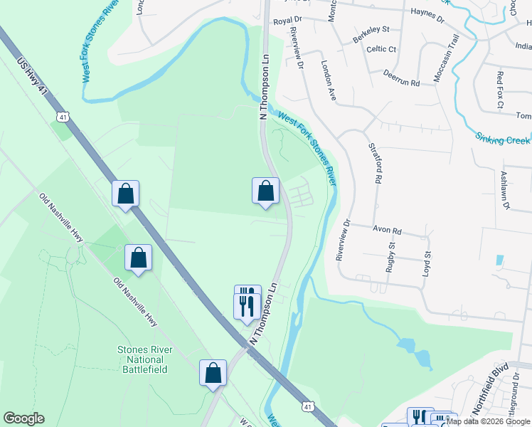 map of restaurants, bars, coffee shops, grocery stores, and more near 2159 North Thompson Lane in Murfreesboro