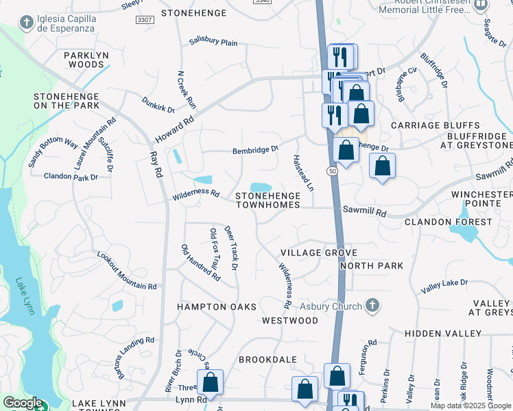map of restaurants, bars, coffee shops, grocery stores, and more near 7610 Wilderness Road in Raleigh