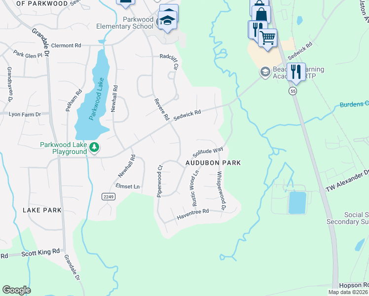 map of restaurants, bars, coffee shops, grocery stores, and more near 5505 Revere Road in Durham