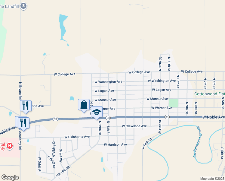 map of restaurants, bars, coffee shops, grocery stores, and more near 1821 West Logan Avenue in Guthrie