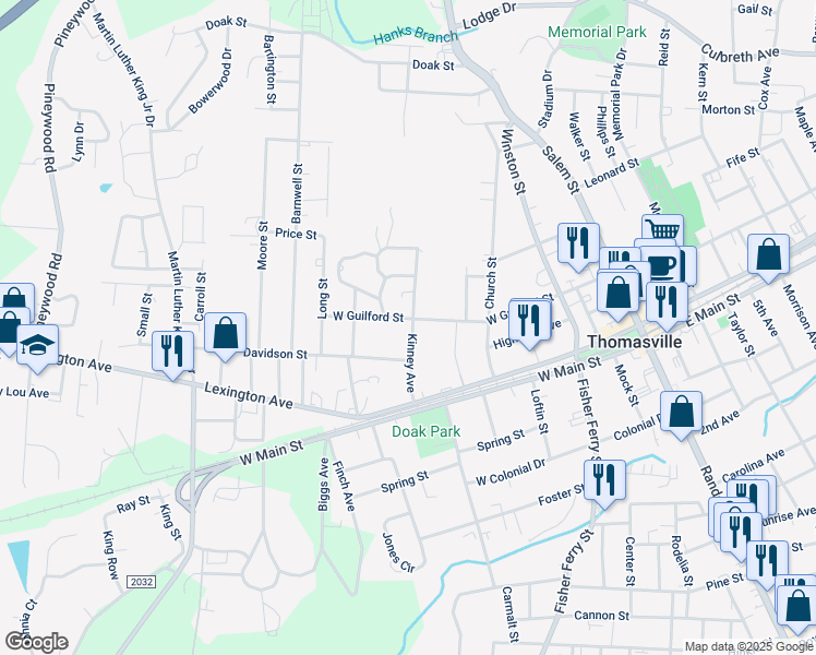 map of restaurants, bars, coffee shops, grocery stores, and more near 114 Kinney Avenue in Thomasville