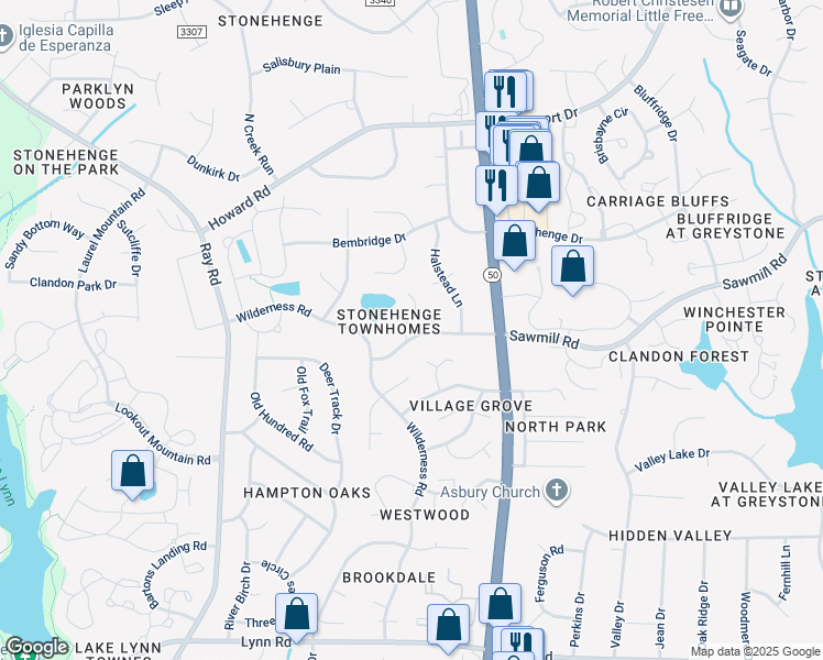 map of restaurants, bars, coffee shops, grocery stores, and more near 7600 Trowbridge Court in Raleigh