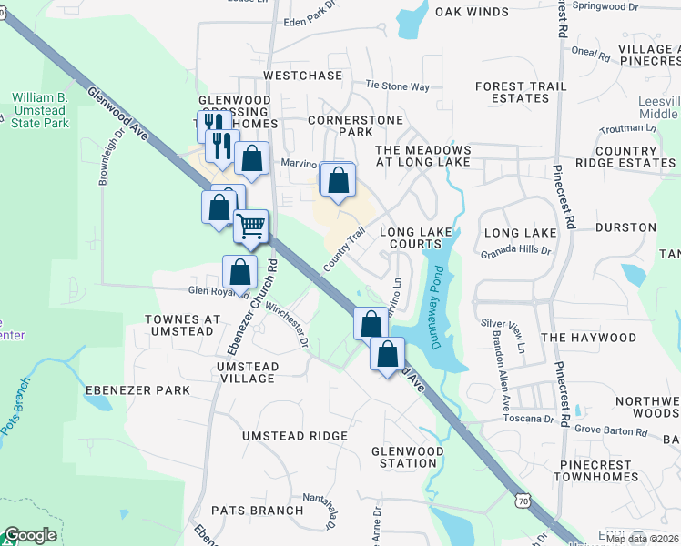 map of restaurants, bars, coffee shops, grocery stores, and more near 8510 Glenwood Avenue in Raleigh