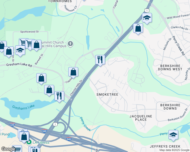 map of restaurants, bars, coffee shops, grocery stores, and more near 7308 Capital Boulevard in Raleigh