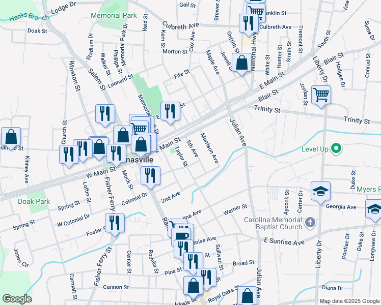 map of restaurants, bars, coffee shops, grocery stores, and more near 12 5th Avenue in Thomasville