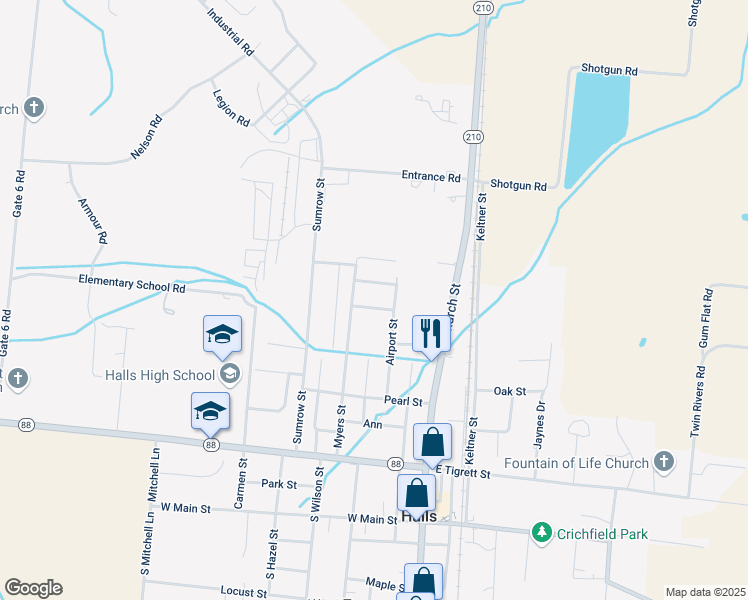 map of restaurants, bars, coffee shops, grocery stores, and more near 309 Larson Street in Halls