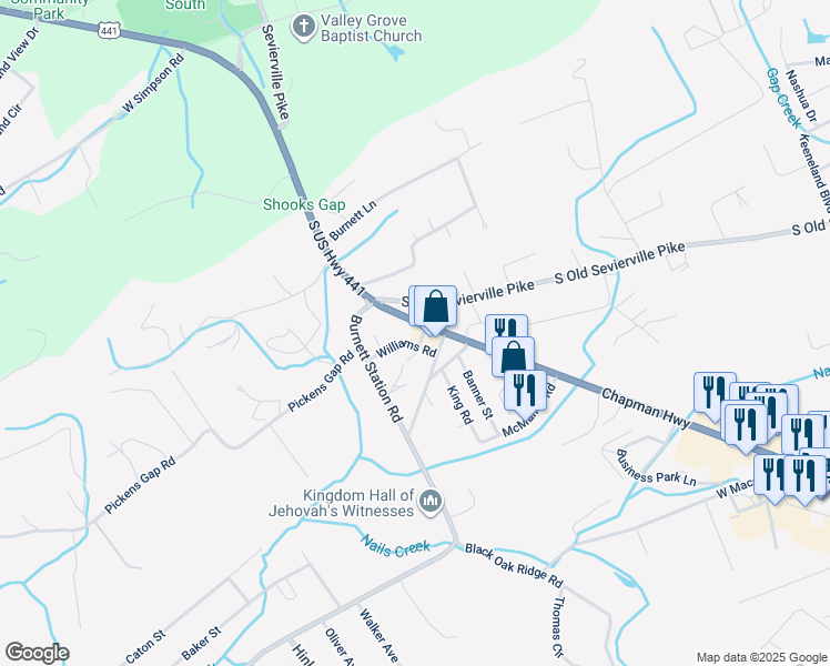 map of restaurants, bars, coffee shops, grocery stores, and more near 10225 Chapman Highway in Seymour