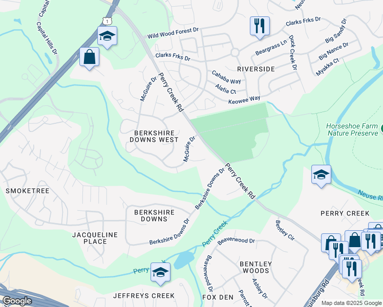 map of restaurants, bars, coffee shops, grocery stores, and more near 7932 McGuire Drive in Raleigh