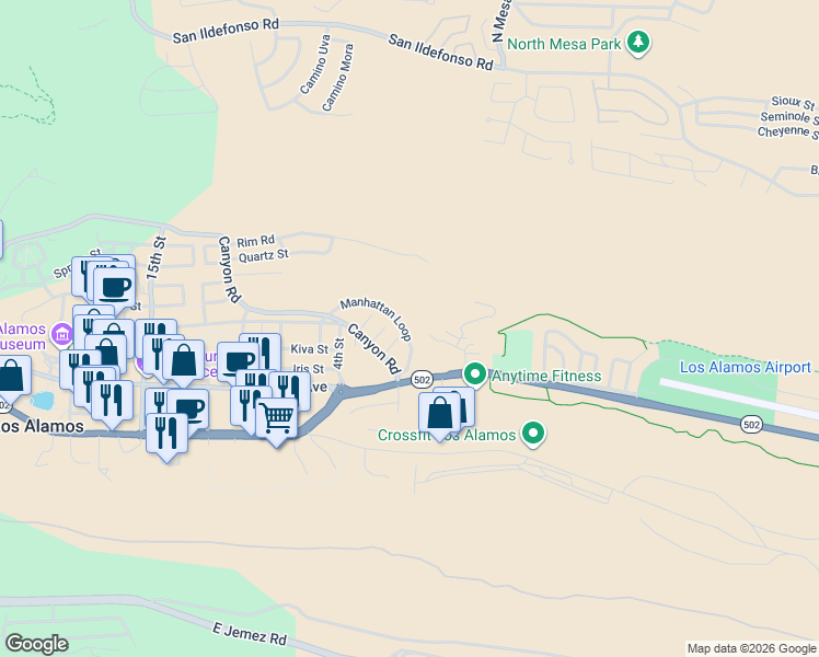 map of restaurants, bars, coffee shops, grocery stores, and more near 100 Manhattan Loop in Los Alamos