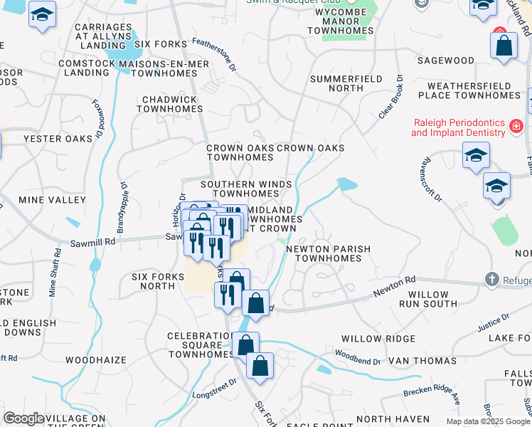 map of restaurants, bars, coffee shops, grocery stores, and more near 7747 Kelley Court in Raleigh