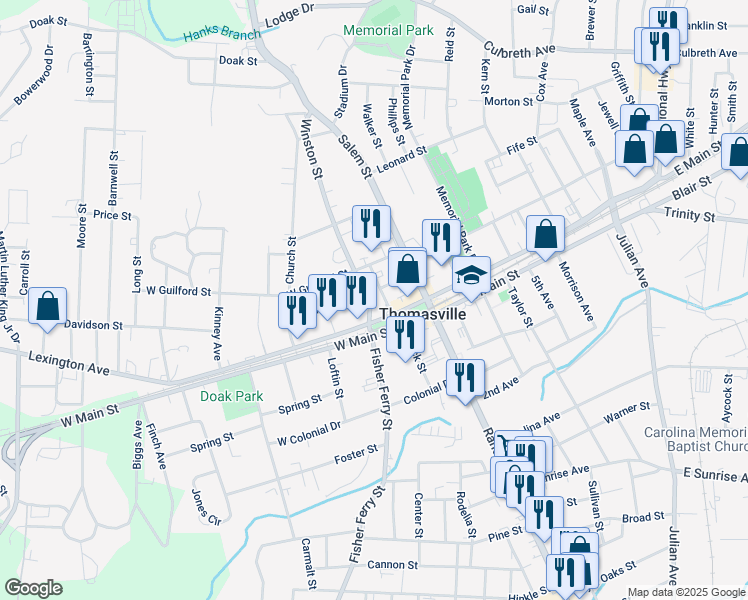 map of restaurants, bars, coffee shops, grocery stores, and more near 7 Winston Street in Thomasville