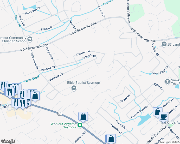 map of restaurants, bars, coffee shops, grocery stores, and more near 443 Tucker Road in Seymour