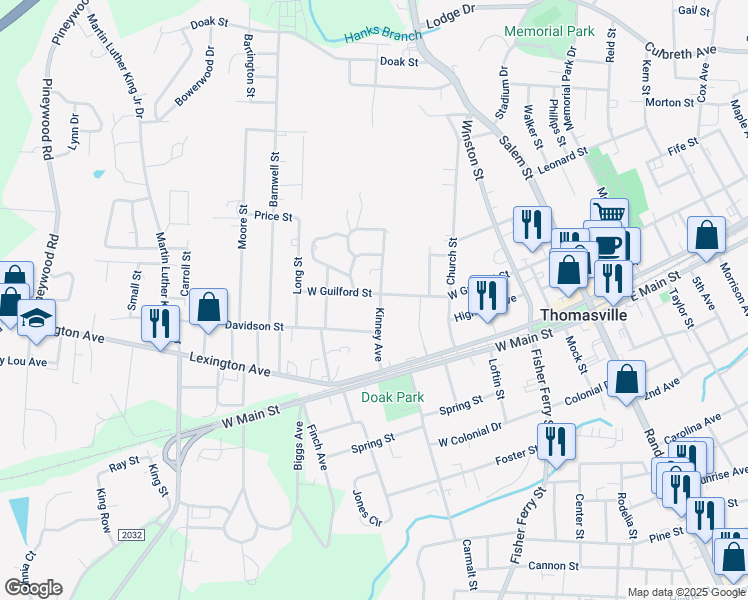 map of restaurants, bars, coffee shops, grocery stores, and more near 114 Kinney Avenue in Thomasville