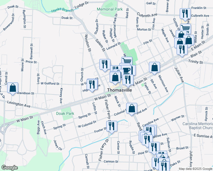 map of restaurants, bars, coffee shops, grocery stores, and more near 7 Winston Street in Thomasville