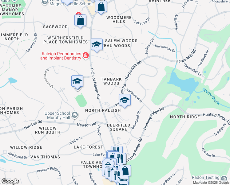 map of restaurants, bars, coffee shops, grocery stores, and more near 7208 Pinebark Court in Raleigh