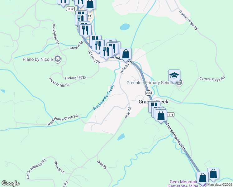 map of restaurants, bars, coffee shops, grocery stores, and more near 43 Rockdale Estates Way in Spruce Pine