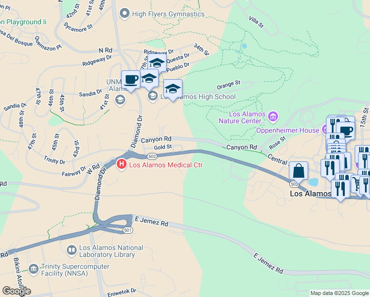 map of restaurants, bars, coffee shops, grocery stores, and more near 141 35th Street in Los Alamos