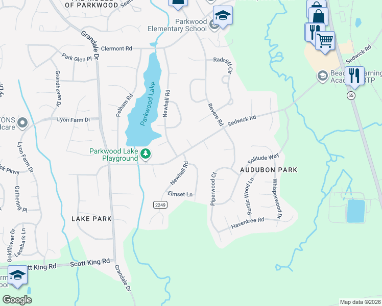 map of restaurants, bars, coffee shops, grocery stores, and more near 1416 Sedwick Road in Durham
