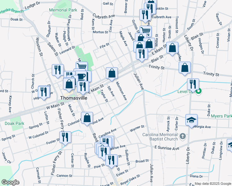 map of restaurants, bars, coffee shops, grocery stores, and more near 17 5th Avenue in Thomasville