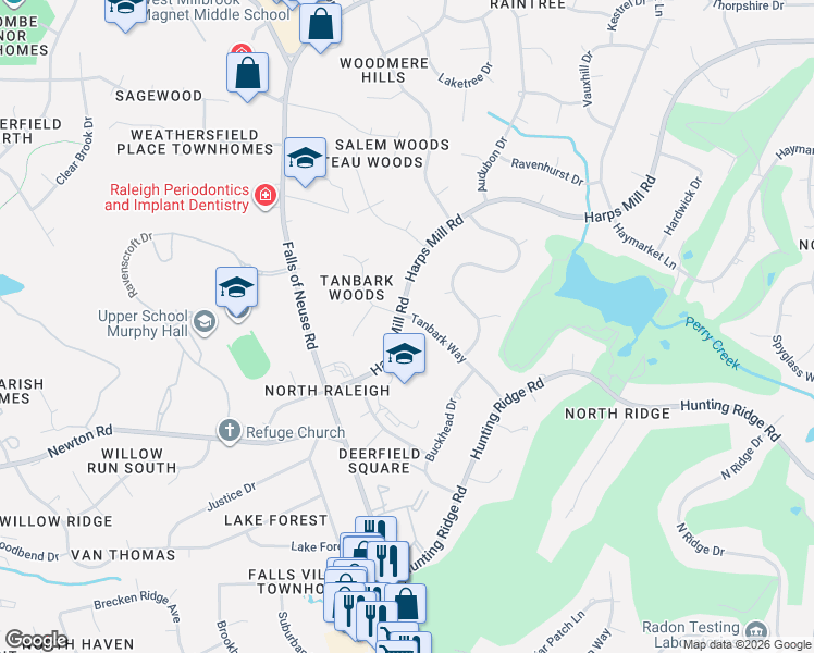 map of restaurants, bars, coffee shops, grocery stores, and more near 7105 Tanbark Way in Raleigh