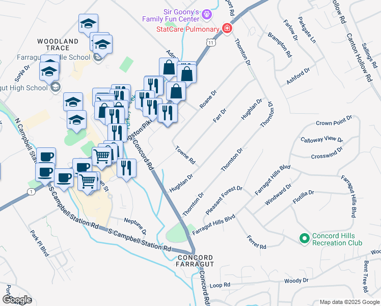 map of restaurants, bars, coffee shops, grocery stores, and more near 216 Towne Road in Knoxville