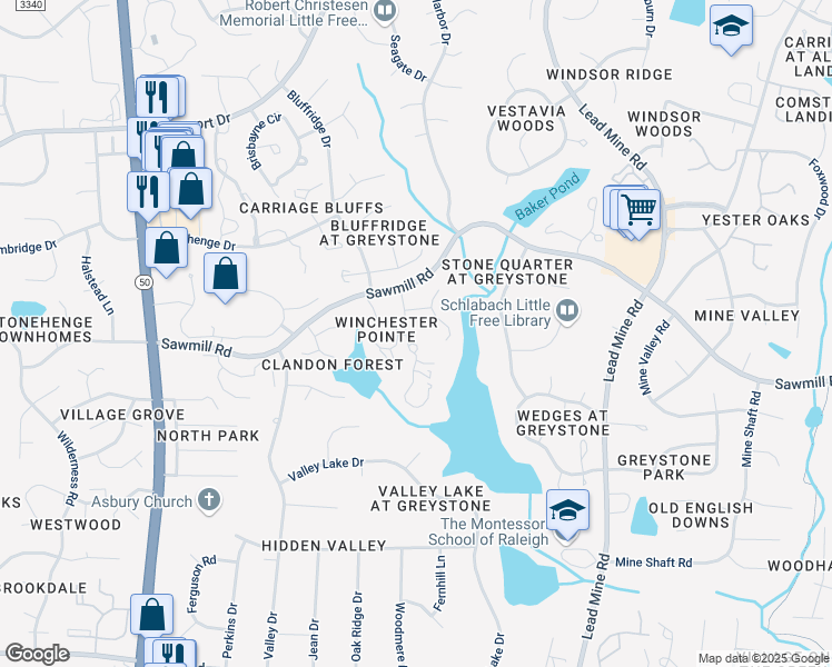 map of restaurants, bars, coffee shops, grocery stores, and more near 7604 The Pointe in Raleigh