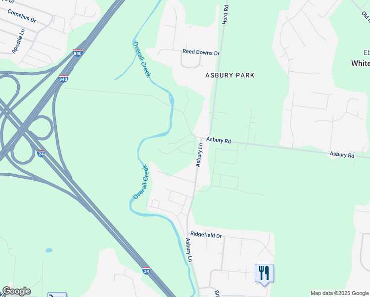 map of restaurants, bars, coffee shops, grocery stores, and more near 3798 Asbury Lane in Murfreesboro