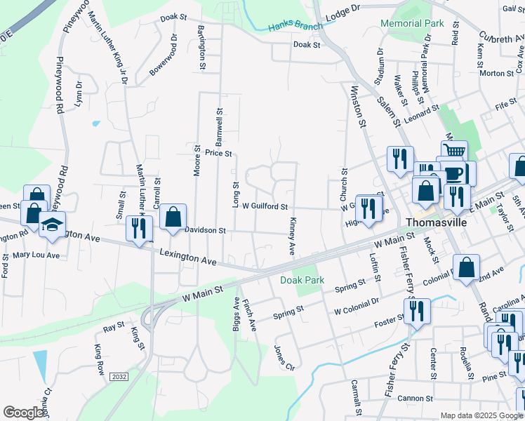 map of restaurants, bars, coffee shops, grocery stores, and more near 315 West Guilford Street in Thomasville
