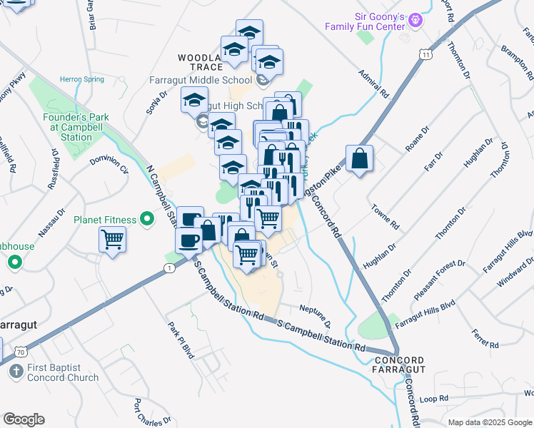 map of restaurants, bars, coffee shops, grocery stores, and more near 11244 Kingston Pike in Farragut