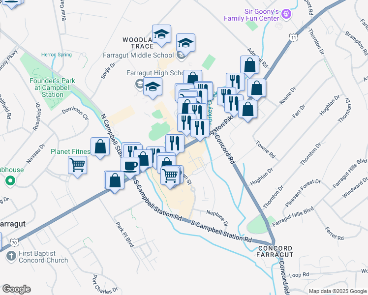 map of restaurants, bars, coffee shops, grocery stores, and more near 11244 Kingston Pike in Farragut