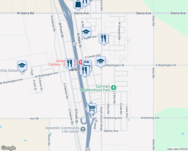 map of restaurants, bars, coffee shops, grocery stores, and more near 287 Spring Road in Earlimart