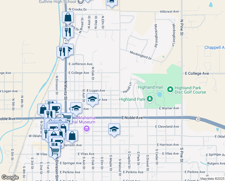 map of restaurants, bars, coffee shops, grocery stores, and more near 720 East Logan Avenue in Guthrie