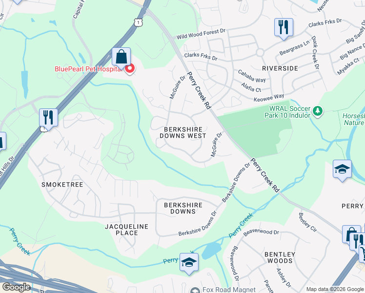 map of restaurants, bars, coffee shops, grocery stores, and more near 8121 McGuire Drive in Raleigh
