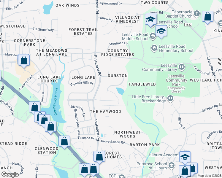 map of restaurants, bars, coffee shops, grocery stores, and more near 5200 Landguard Drive in Raleigh