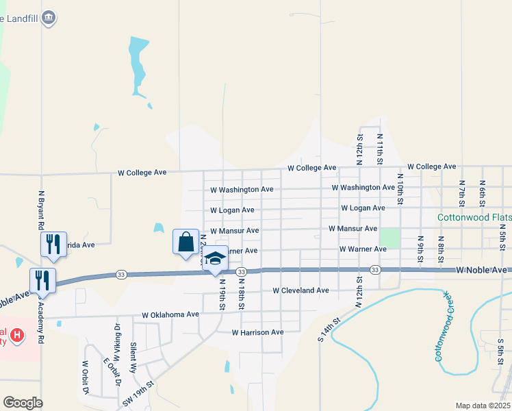 map of restaurants, bars, coffee shops, grocery stores, and more near 1821 West Logan Avenue in Guthrie
