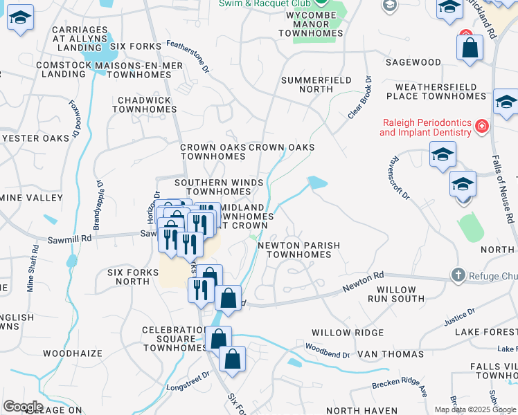map of restaurants, bars, coffee shops, grocery stores, and more near 7716 Sandra Lane in Raleigh