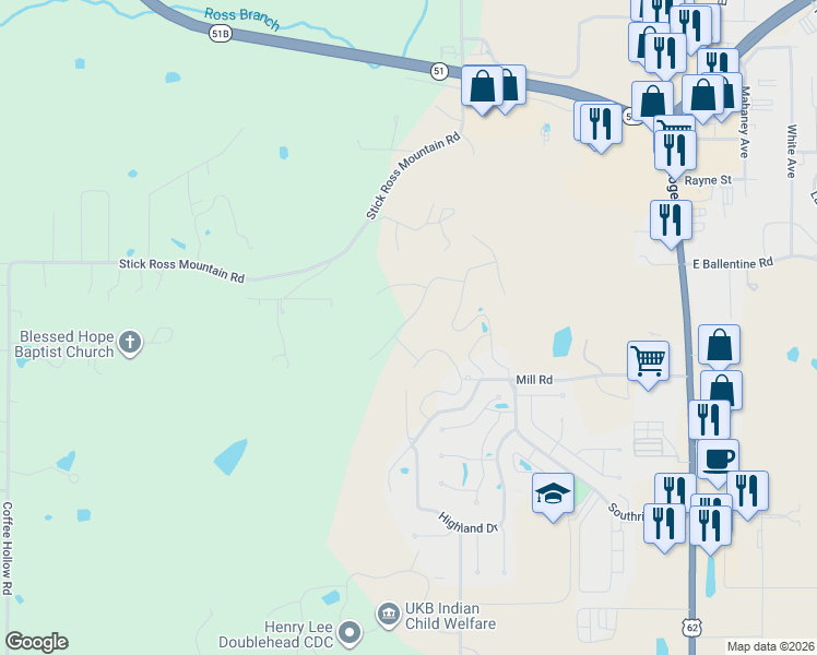 map of restaurants, bars, coffee shops, grocery stores, and more near 825 Ridgeview Drive in Tahlequah