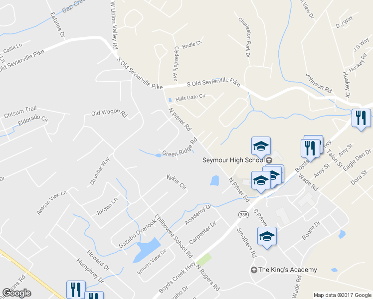 map of restaurants, bars, coffee shops, grocery stores, and more near 616 Green Ridge Road in Seymour