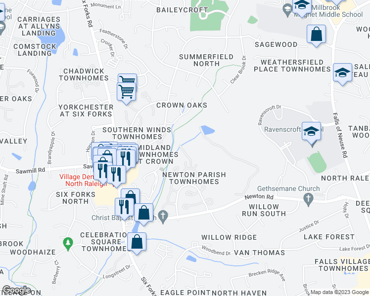map of restaurants, bars, coffee shops, grocery stores, and more near 7420 Penny Hill Lane in Raleigh