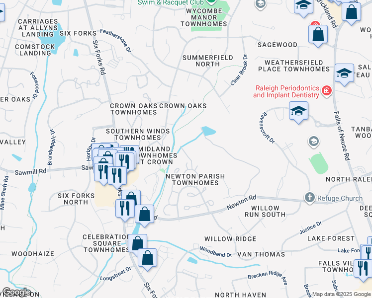 map of restaurants, bars, coffee shops, grocery stores, and more near 7420 Penny Hill Lane in Raleigh