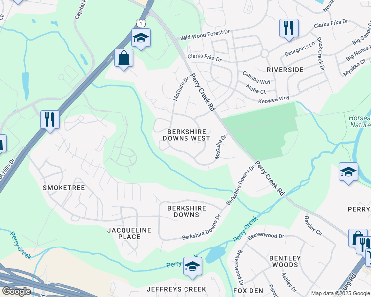 map of restaurants, bars, coffee shops, grocery stores, and more near 8121 McGuire Drive in Raleigh
