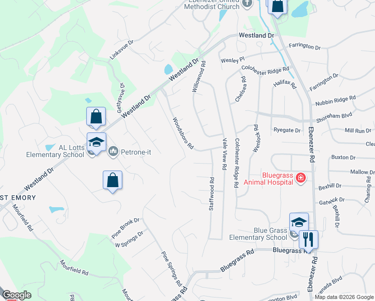 map of restaurants, bars, coffee shops, grocery stores, and more near 1259 Woodsboro Road in Knoxville