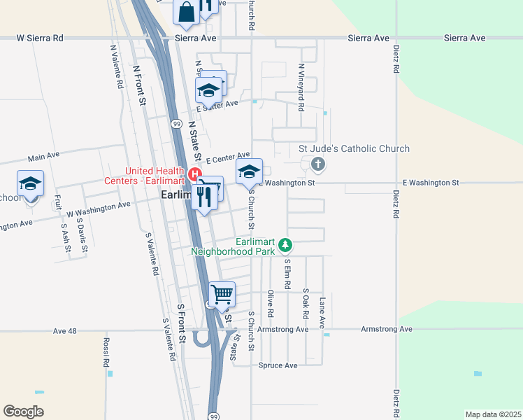 map of restaurants, bars, coffee shops, grocery stores, and more near 192 South Church Street in Earlimart